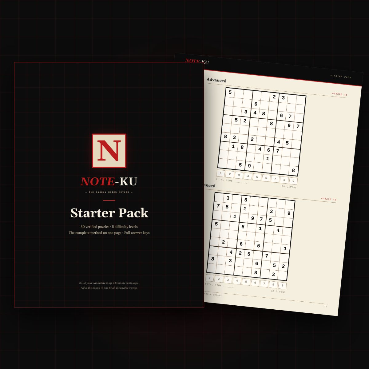 NOTE-KU Starter Pack: cover and a puzzle page